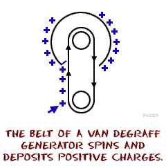 The belt of a van de graff generator deposits positive charges.