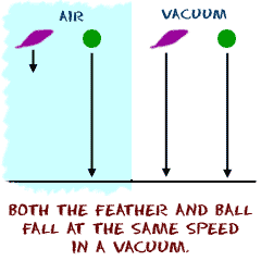 Both the feather and the ball fall at the same speed in a vacuum.